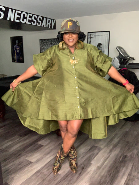 Faux Silk Ruffle Sleeve Swing Dress OS