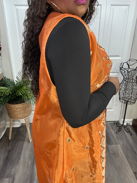 Orange Semi-Sheer Rayon Beaded Sleeveless Duster