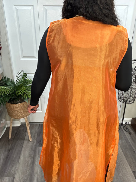 Orange Semi-Sheer Rayon Beaded Sleeveless Duster