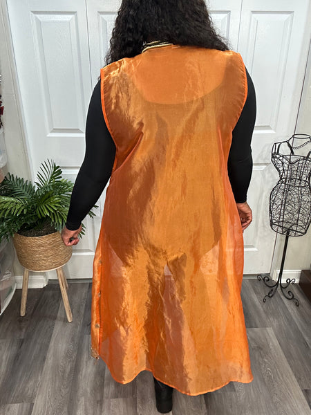 Orange Semi-Sheer Rayon Beaded Sleeveless Duster