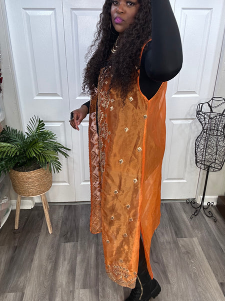 Orange Semi-Sheer Rayon Beaded Sleeveless Duster