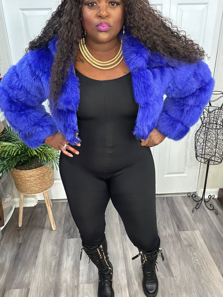 Royal Blue Jeweled Hooded Faux Fur & Leather Crop Coat