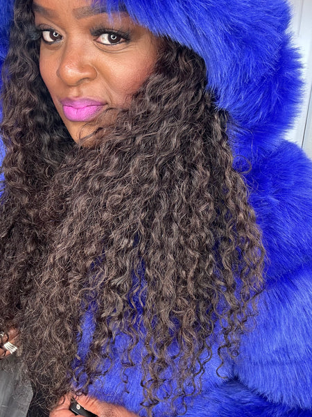 Royal Blue Jeweled Hooded Faux Fur & Leather Crop Coat