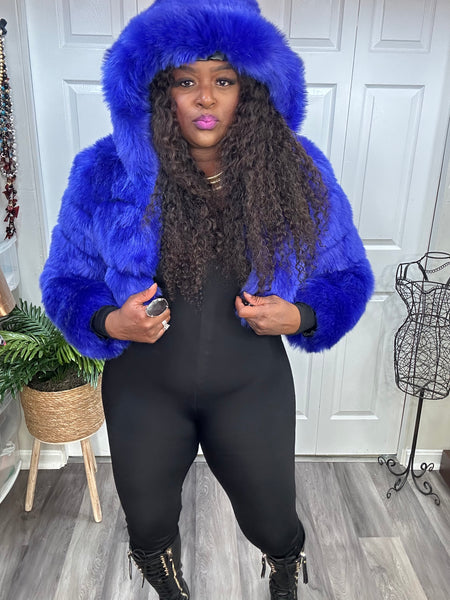 Royal Blue Jeweled Hooded Faux Fur & Leather Crop Coat