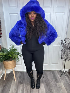 Royal Blue Jeweled Hooded Faux Fur & Leather Crop Coat