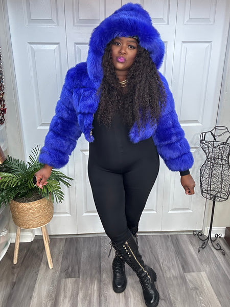 Royal Blue Jeweled Hooded Faux Fur & Leather Crop Coat