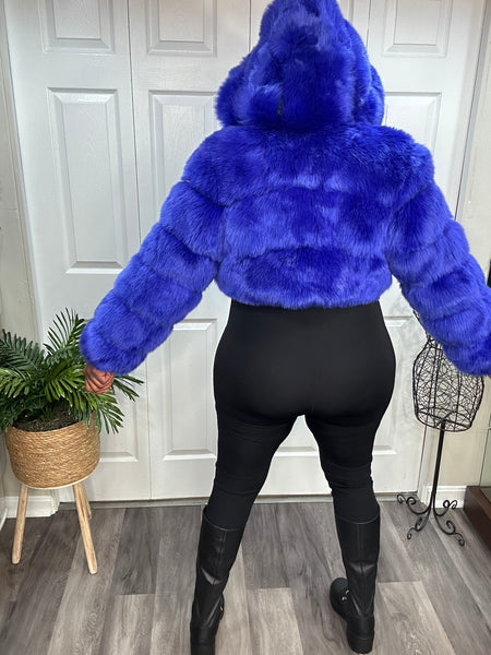 Royal Blue Jeweled Hooded Faux Fur & Leather Crop Coat