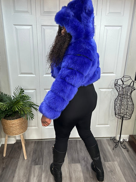 Royal Blue Jeweled Hooded Faux Fur & Leather Crop Coat