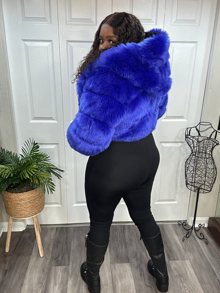 Royal Blue Jeweled Hooded Faux Fur & Leather Crop Coat