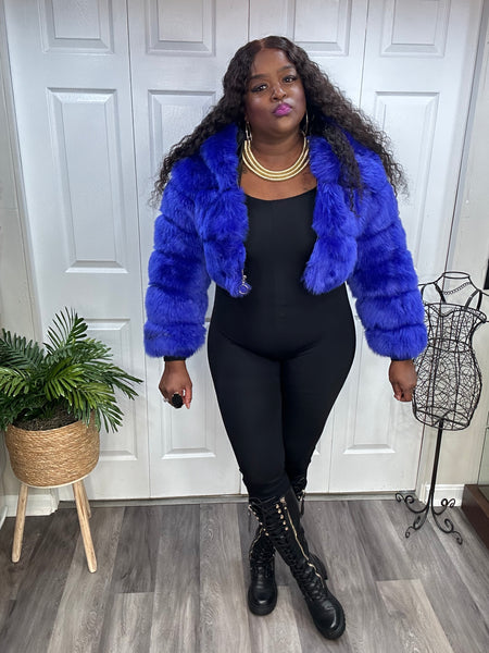 Royal Blue Jeweled Hooded Faux Fur & Leather Crop Coat