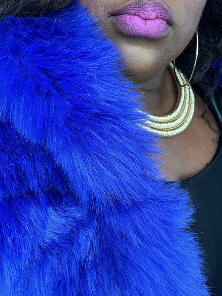 Royal Blue Jeweled Hooded Faux Fur & Leather Crop Coat