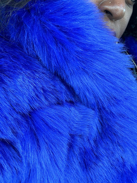 Royal Blue Jeweled Hooded Faux Fur & Leather Crop Coat