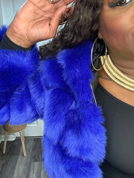 Royal Blue Jeweled Hooded Faux Fur & Leather Crop Coat