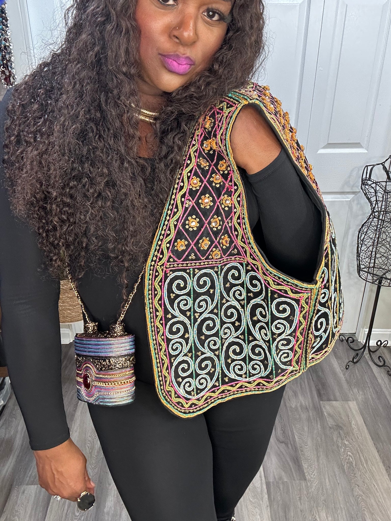 Vintage Bohemian Sequin & Bead Vest With Handbag