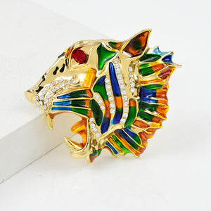 Colorful Open Mouth Tiger Brooch Rhinestone Crystal Leopard Head