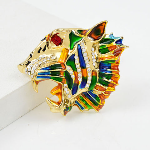 Colorful Open Mouth Tiger Brooch Rhinestone Crystal Leopard Head